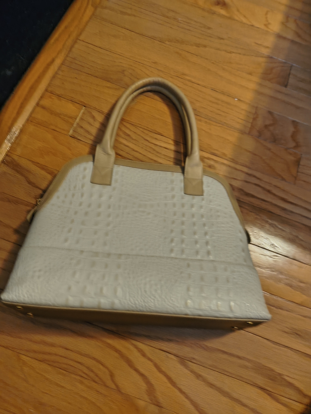 Cream Croc-Embossed Satchel with Tan Trim